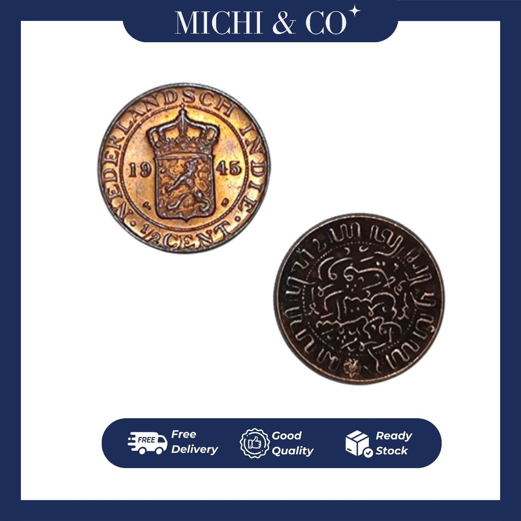 [TERMURAH] Uang Koin Kuno Indonesia 1/2 Cent Jaman Penjajahan Nederlands Indie Tahun 1945 Langka