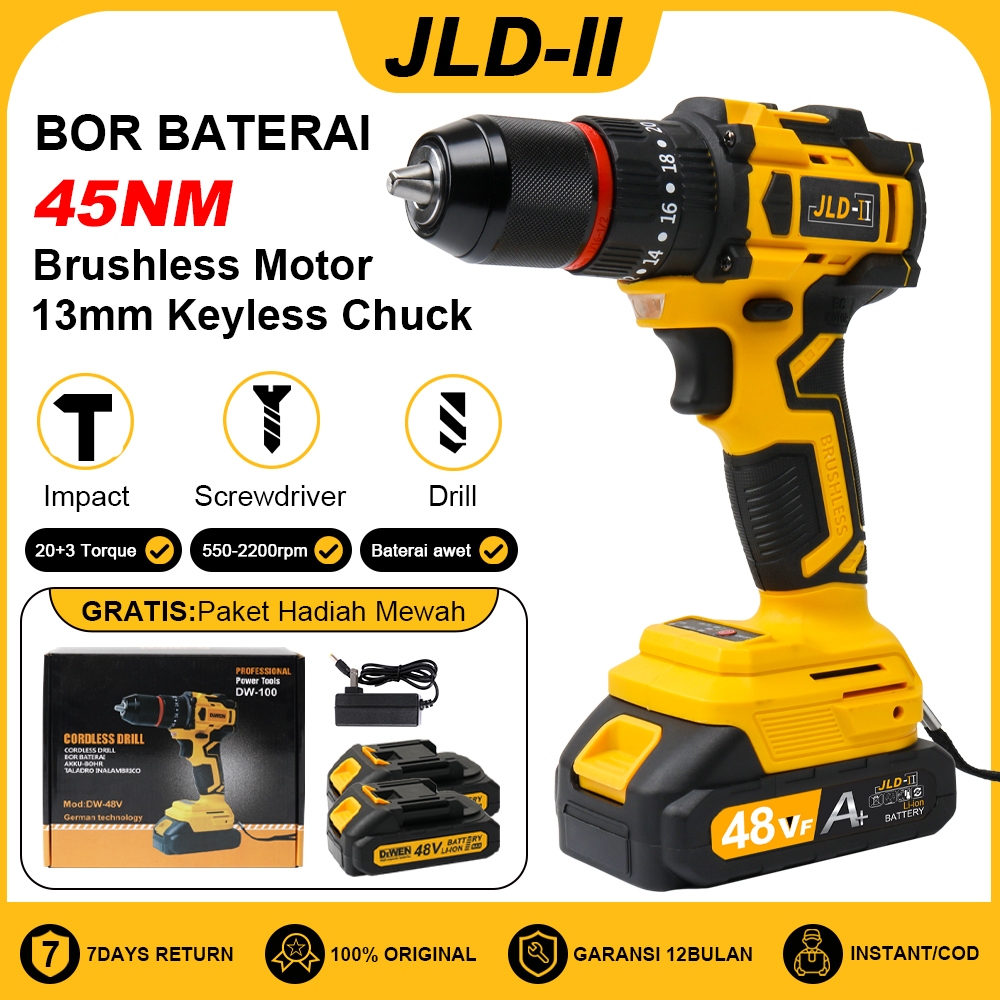 【JLD-II】Brushless Mesin Bor Listrik 13MM Cordless Drill Set Heavy Duty Drill Bits Screwdriver Impact