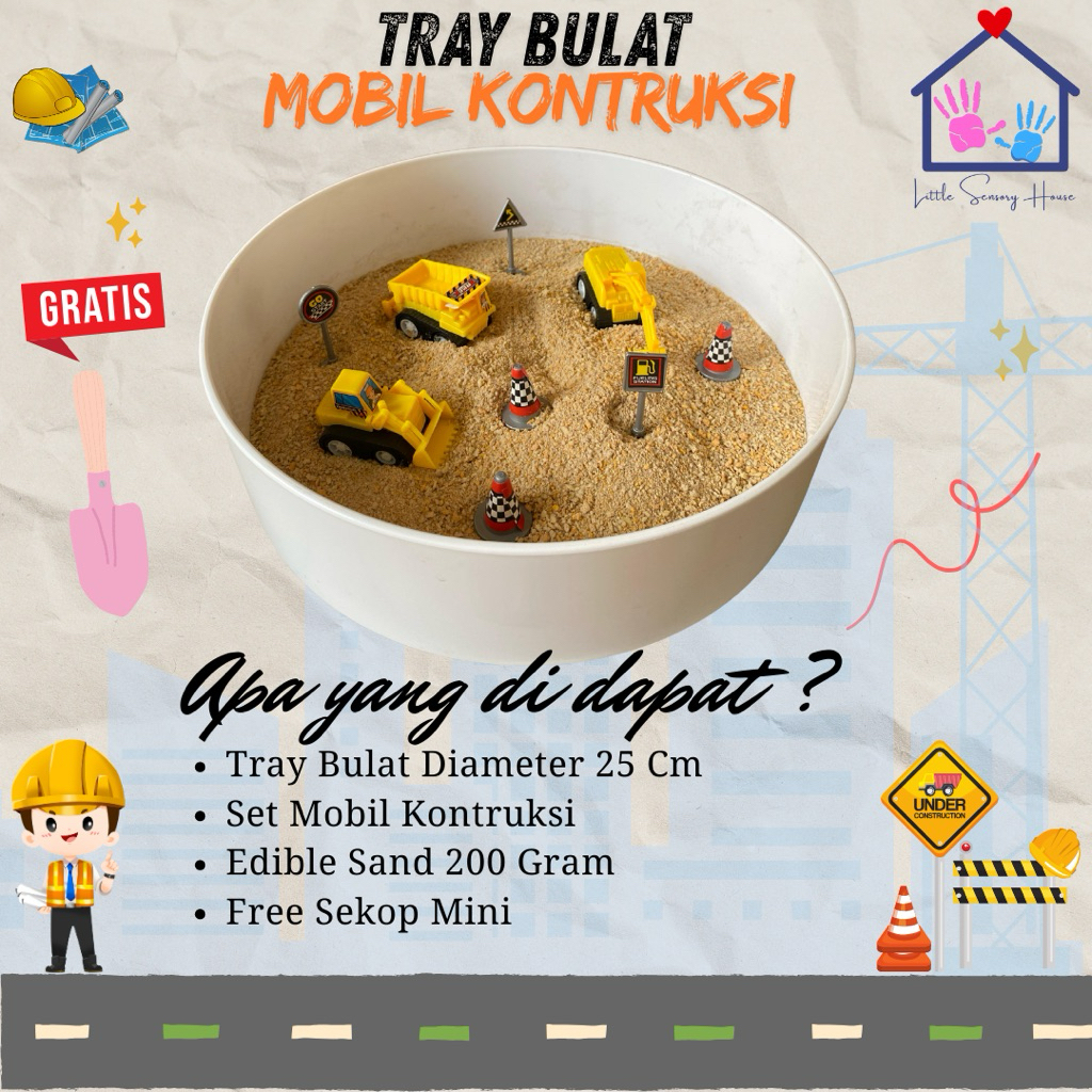 Mainan Edukasi Anak Montessori Sensory Play Tray Bulat Mobil Konstruksi