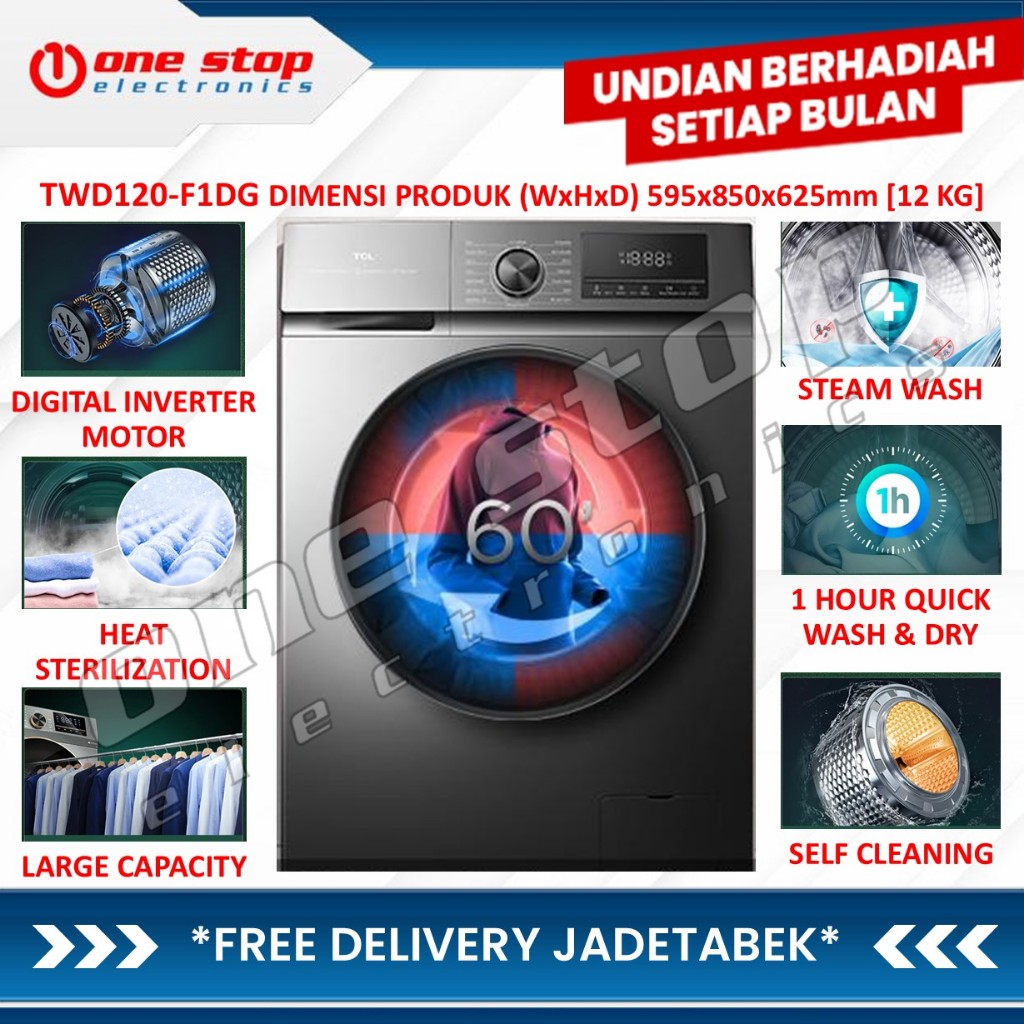 TCL TWD120-F1DG Mesin Cuci Front Loading Washer Dryer C1 Series 12kg - 100% Kering - Steam Wash - BL