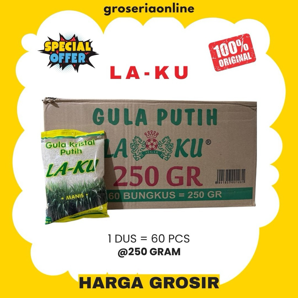 

Gula Pasir Merk LA-KU kemasan 250 gram, 1 Dus isi 60 pcs