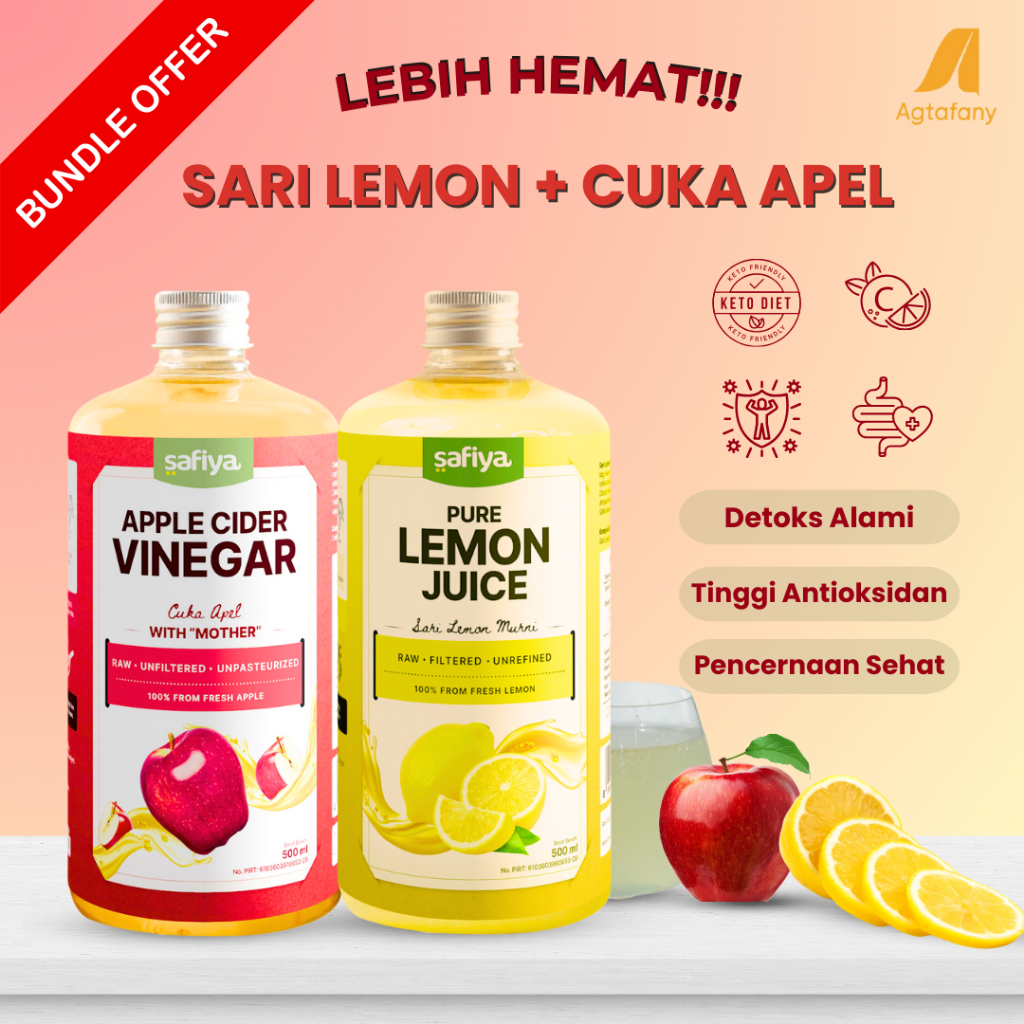 

[Paket Hemat 2 in 1] Sari Lemon + Cuka Apel 500 ml Original Safiya | Bundling Diet Sehat Minuman Detoks Pure 100% Murni Alami