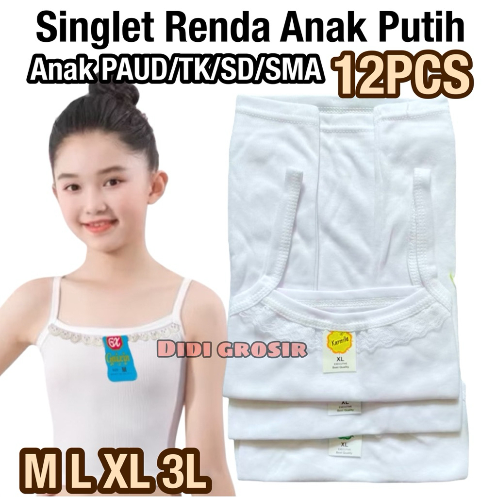 LUSINAN SINGLET RENDA ANAK PEREMPUAN PUTIH DAN WARNA WARNI KATUN REMAJA SD SMP KAOS DALAM ANAK CEWEK