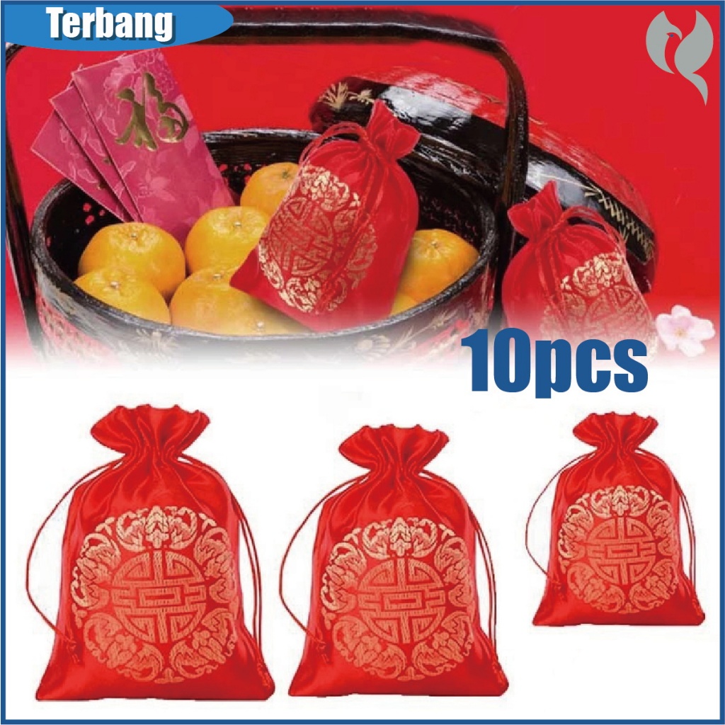 

10 Buah Kantong Serut Motif Pernikahan Tionghoa Shuang Xi - Suvenir Hadiah & Kantong Permen untuk Pernikahan