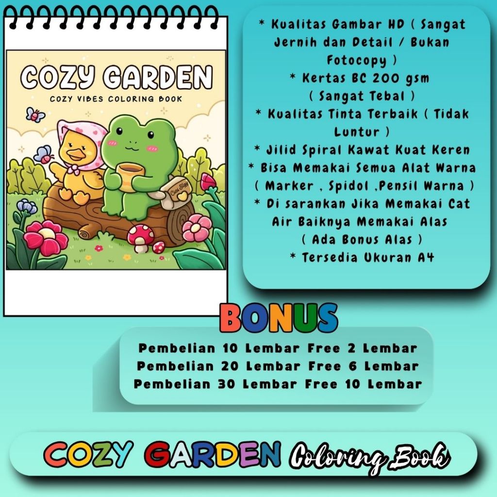 

Cozy Garden Coloring Book Gambar HD Buku Mewarnai Sketsa Jelas Dan Jernih Kertas 200 gsm Tebal Untuk Semua Usia Jilid Spiral Kawat Kuat