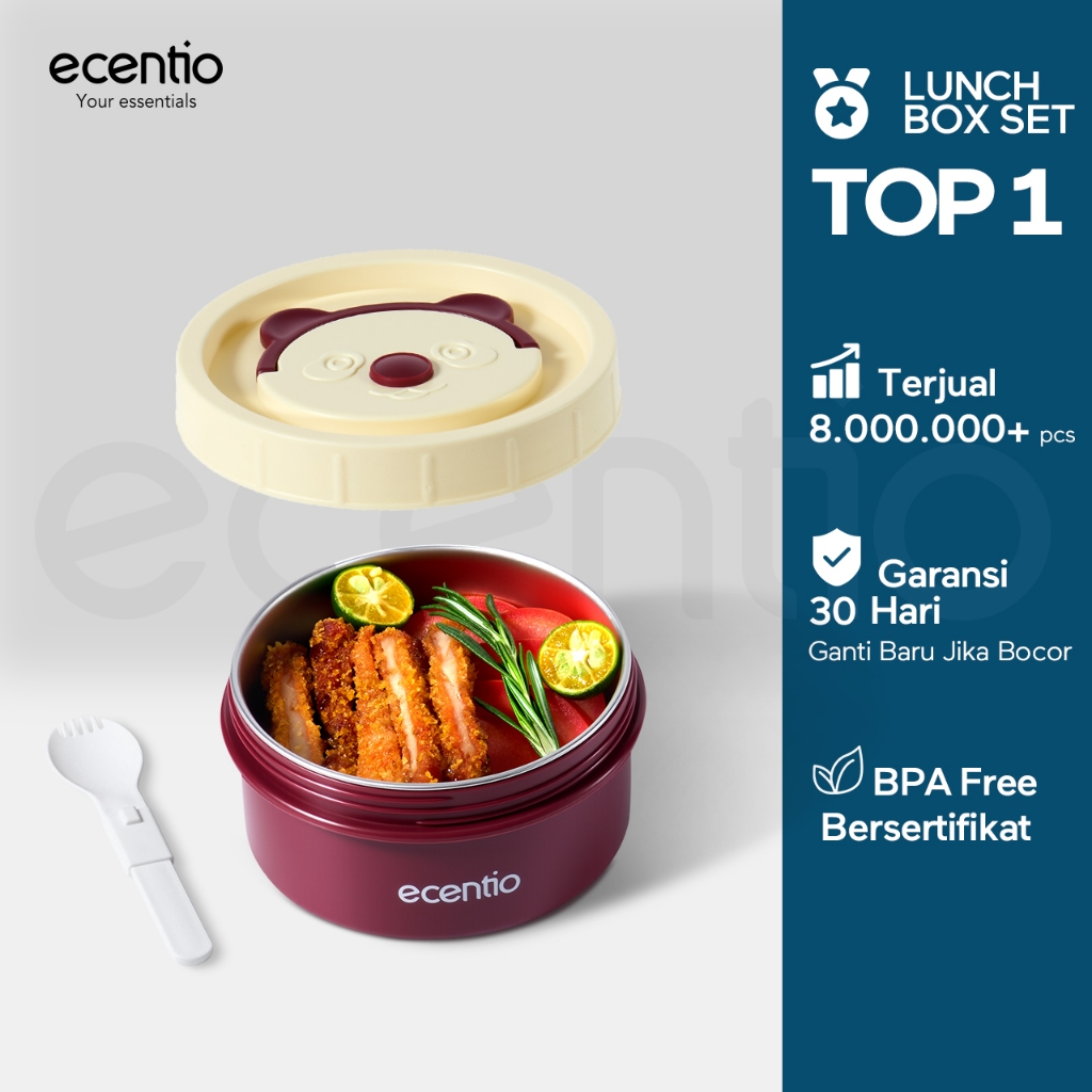ecentio Lunch Box 1PC Merah 304 Stainless Steel 400/600ml Kotak Makan Anti Tumpah Free Sumpit