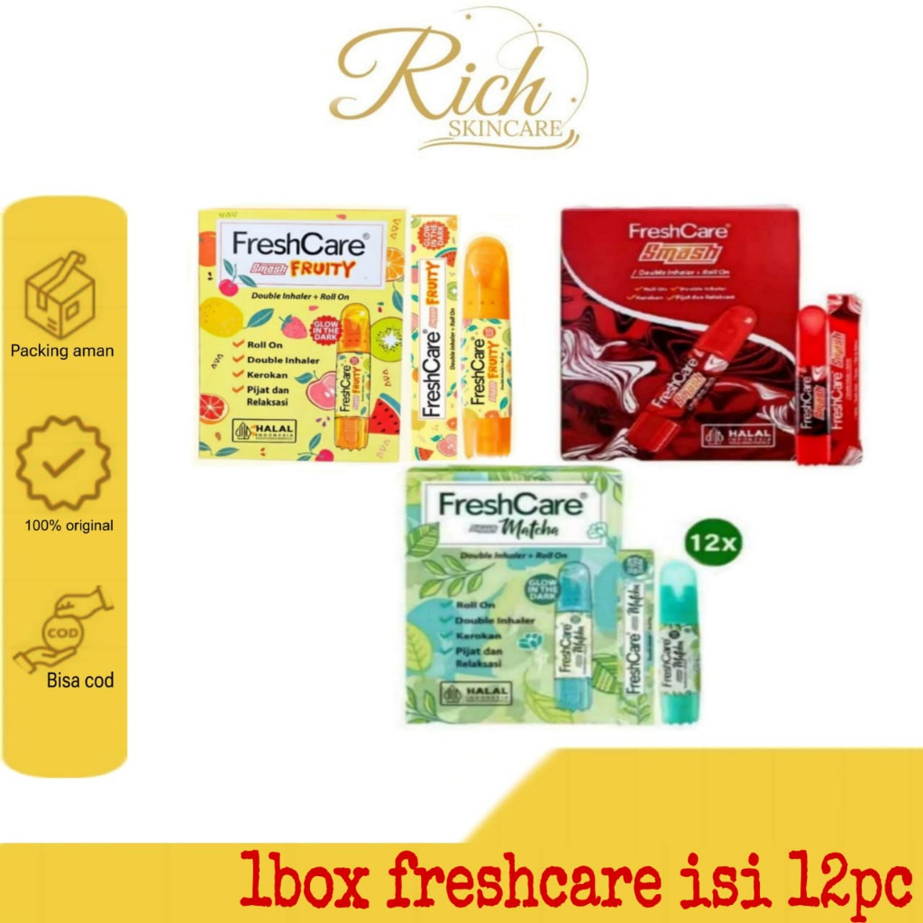 FreshCare 1 BOX isi 12pcs - Matcha DAN 1BOX SMASH FRUITY 4 in 1 Double Inhaler + Roll On fresh care