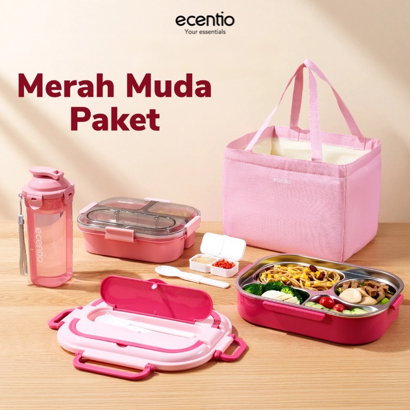 【Merah Muda 304】ecentio lunch box stainless 304 ecentio lunch box 1200ml stainless 304 sekat 4 dan a