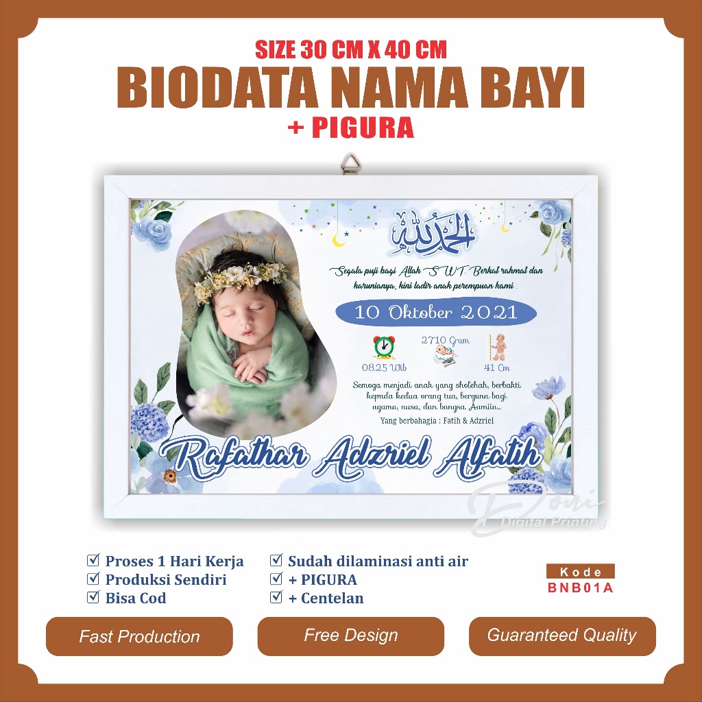 Biodata Kelahiran Bayi + Pigura Ukuran Jumbo 12 R 30 cm x 40 cm BNB01
