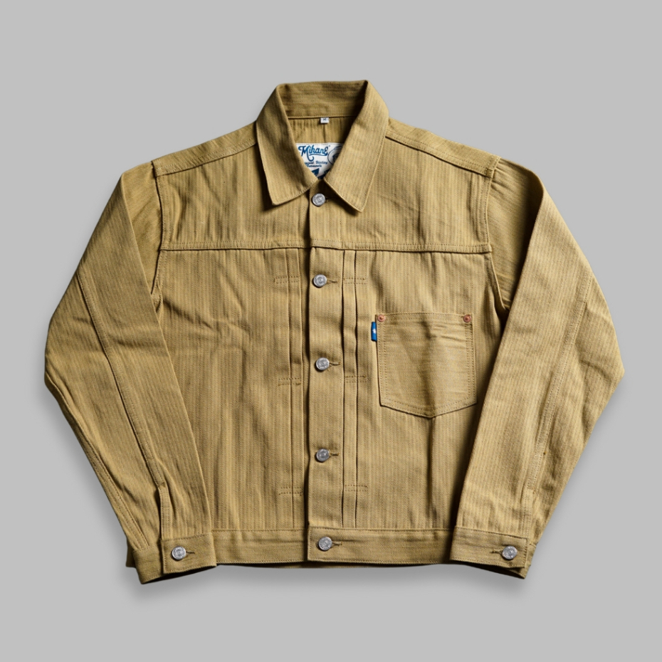 Mihane Jeans - Jacket Pria Denim Selvedge - EXT Type I 15oz Unsanforized Khaki Herringbone Red Line 
