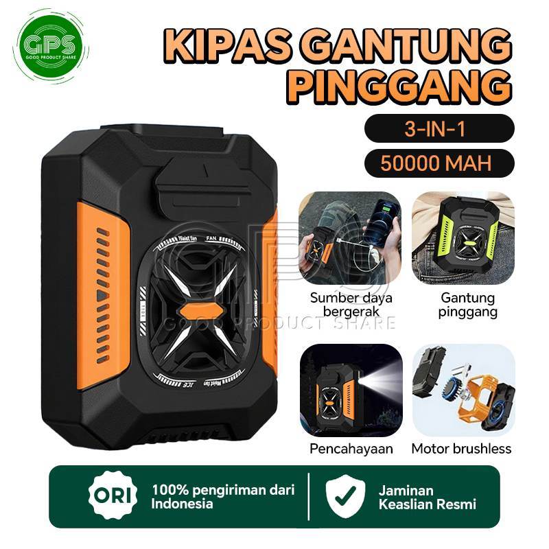 Kipas Pinggang - 3 in 1 Kipas Angin Portable Pengatur Kecepatan Angin 3 Tingkat Power Bank Lampu LED