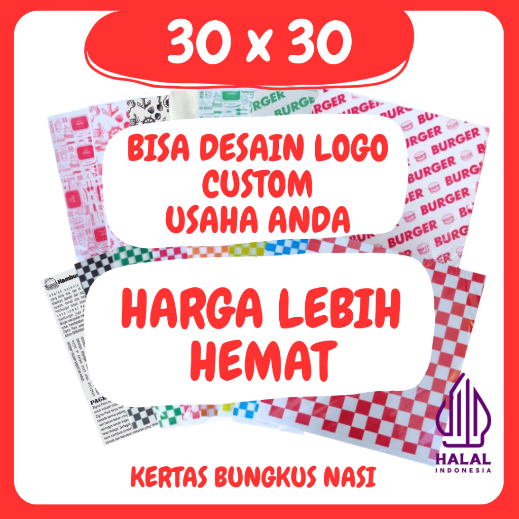 

Kertas Nasi Printing 30x30 | Foodgrade | Paper Wrap 30x30 | kertas Burger 30x30 | Kebab | laminasi