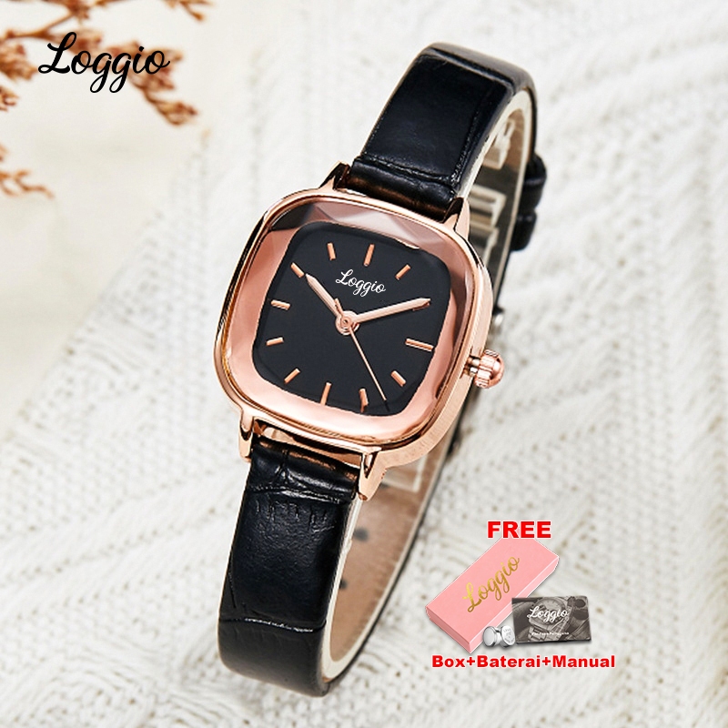 CUCI GUDANG Loggio Jam Tangan Wanita Kecil Jam Original Square Dial Tali Kulit Jam Tangan Cewek