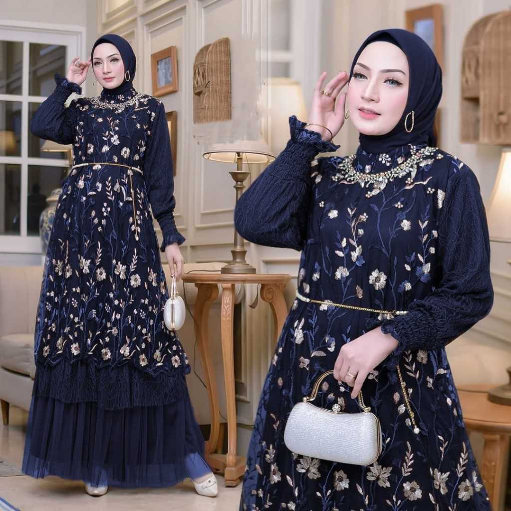 Gaun Muslim Brokat Bordir Elegan Wanita Gamis Pesta Hijab Formal Modern Premium