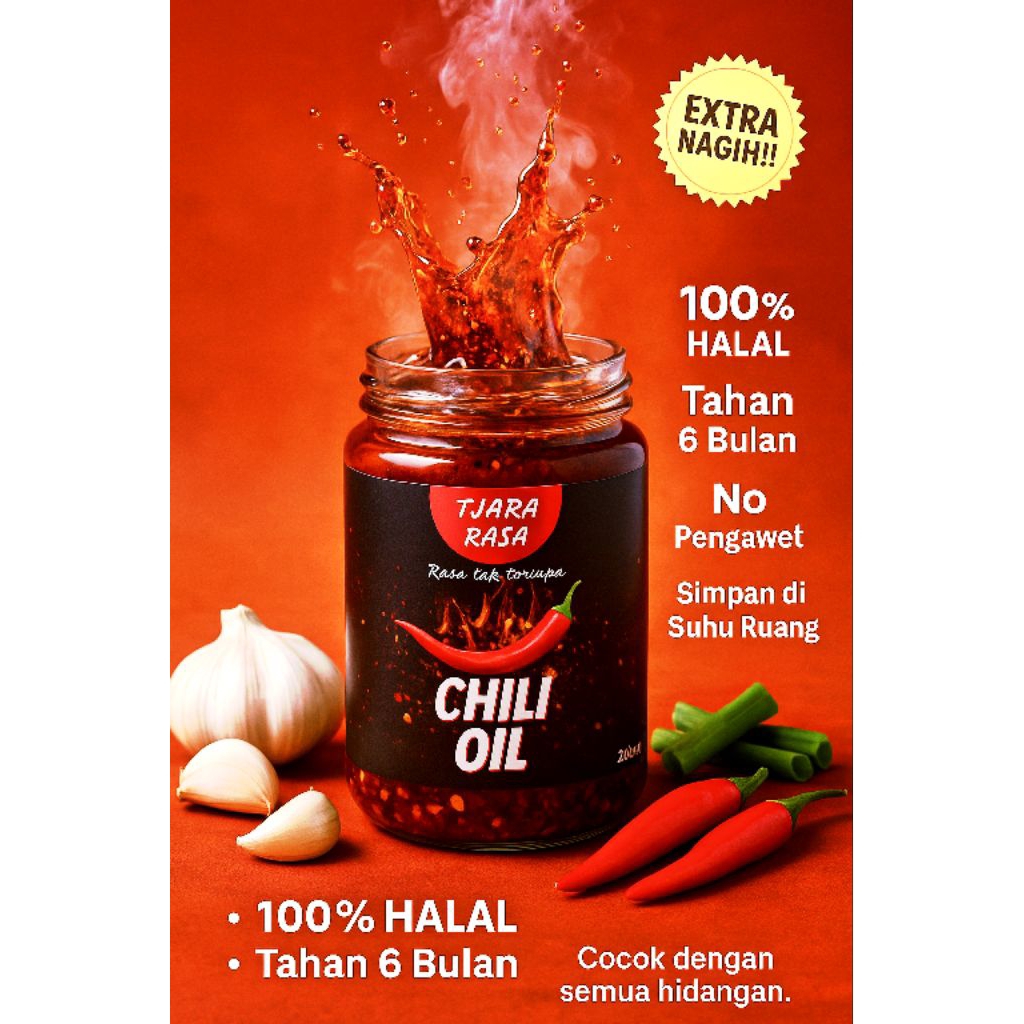 

Garlic Chili Oil Premium - Tjara Rasa | Halal Gurih Minyak Cabai Sambal Bawang TIDAK TERLALU PEDAS 200gr