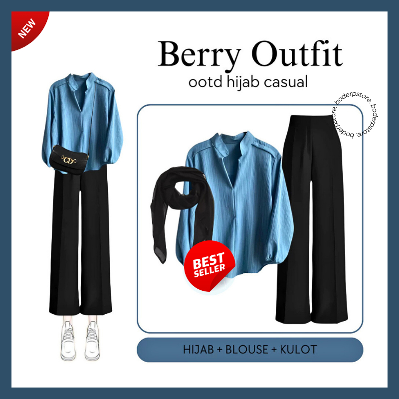 Setelan One Set 3in1 Wanita Kekinian (Hijab, Blouse, Kulot) OOTD Blueberry set
