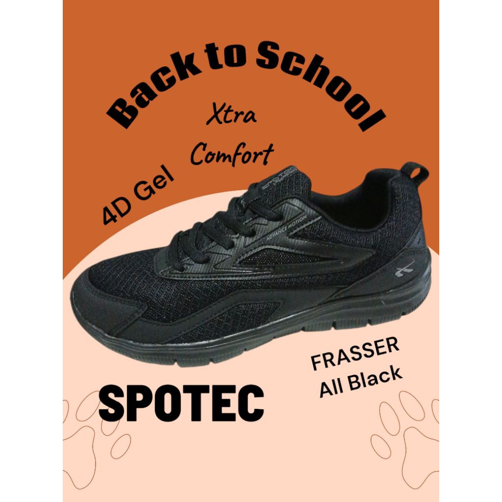 SEPATU SNEAKER SPOTEC FRASSER SEPATU STUDENT CATEGORY PRIA WANITA HITAM POLOS