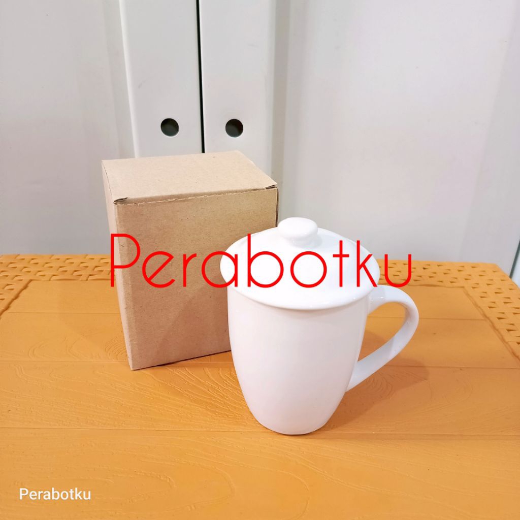 Mug Corella + Tutup Putih Polos / Mug Keramik / Gelas Mama Papa / Cangkir Gelas Gagang