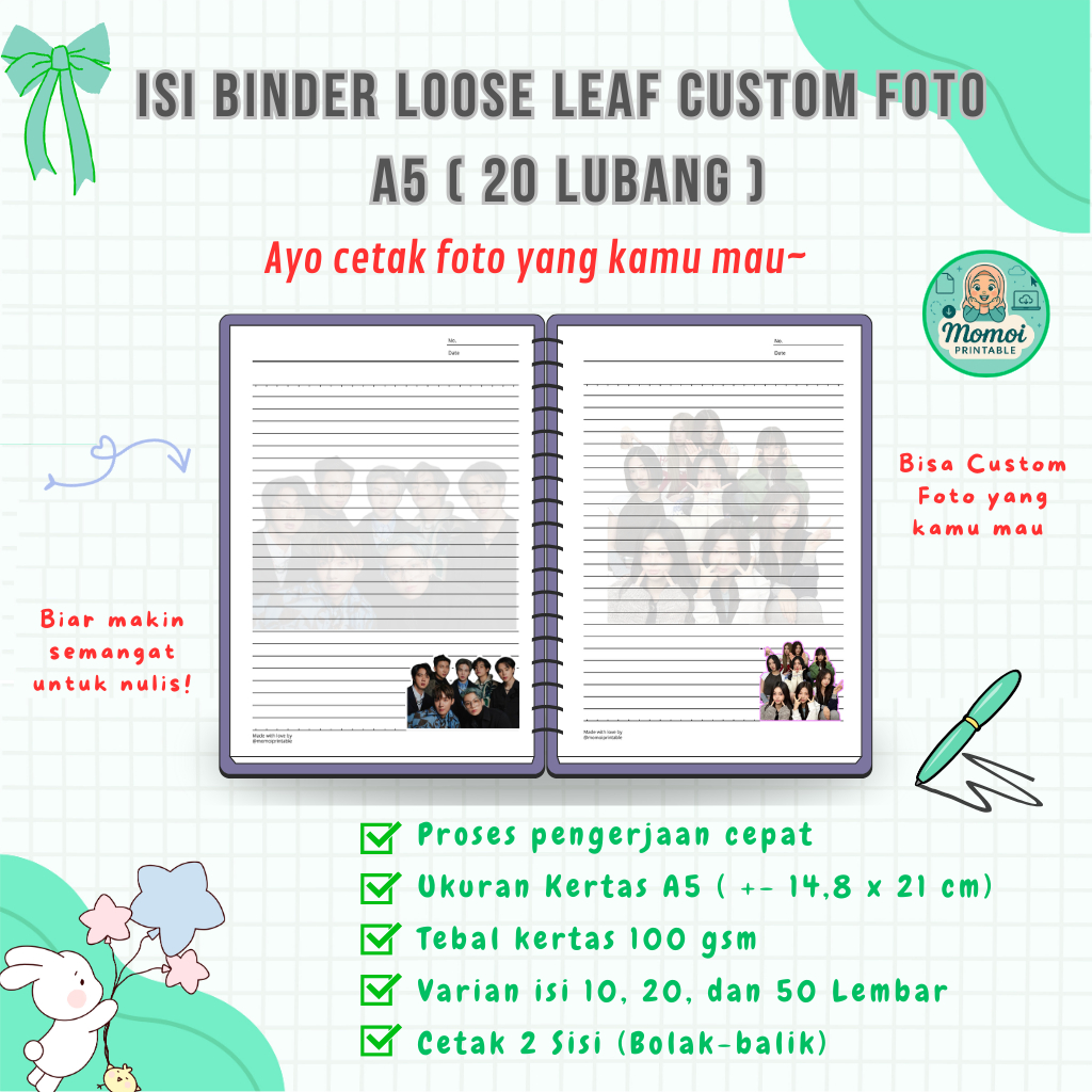 

Isi Binder Loose Leaf TERMURAH Custom Foto A5 (20 Lubang) Sangat Tebal 100 gsm 2 Sisi