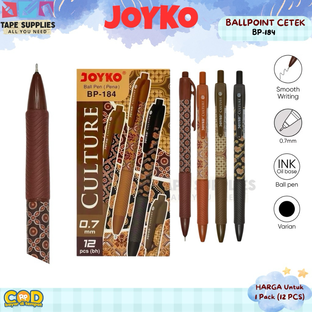 

Joyko BP-184 Culture Batik 0.7 mm – Ball Pen Hitam, Retractable, Grip Soft