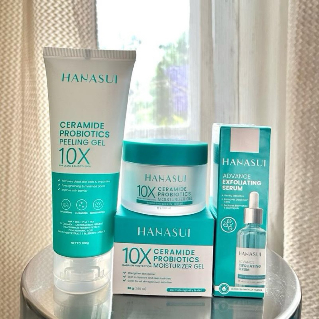 PAKET Hanasui Skincare 3In1 - Peeling Gel 100gr + Moisturizer Gel 30gr + Serum Advance Exfoliating 2