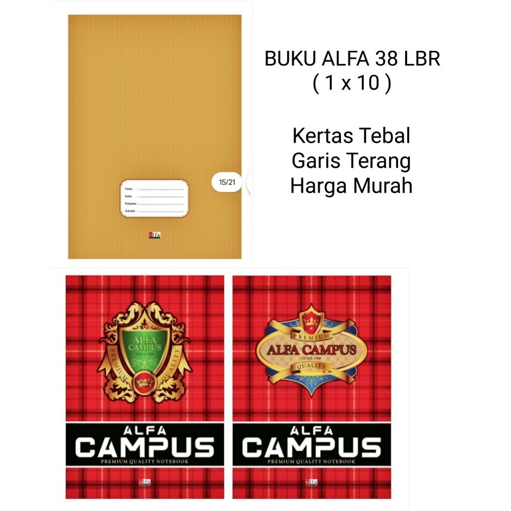 

Buku Tulis Alfa Craft / Campus 38 Lembar Kwarto ( 16 X 21 cm ) / Bks ( 10 Pcs )