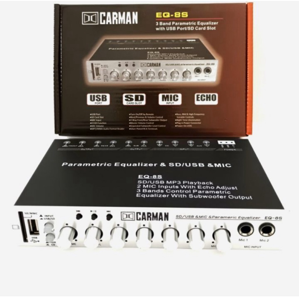 Parametric Equalizer EQ-8S Preamp EQ/SD/USB/Input MIC 12V Amplifier MIC Mixer Subwoofer