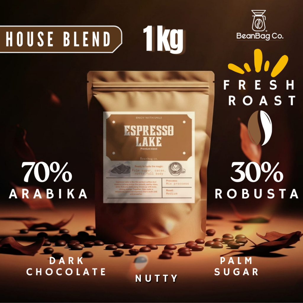 

Kopi Premium Blend 70% Arabica 30% Robusta ESPRESSO LAKE Medium Roast 1kg | BeanBag Co