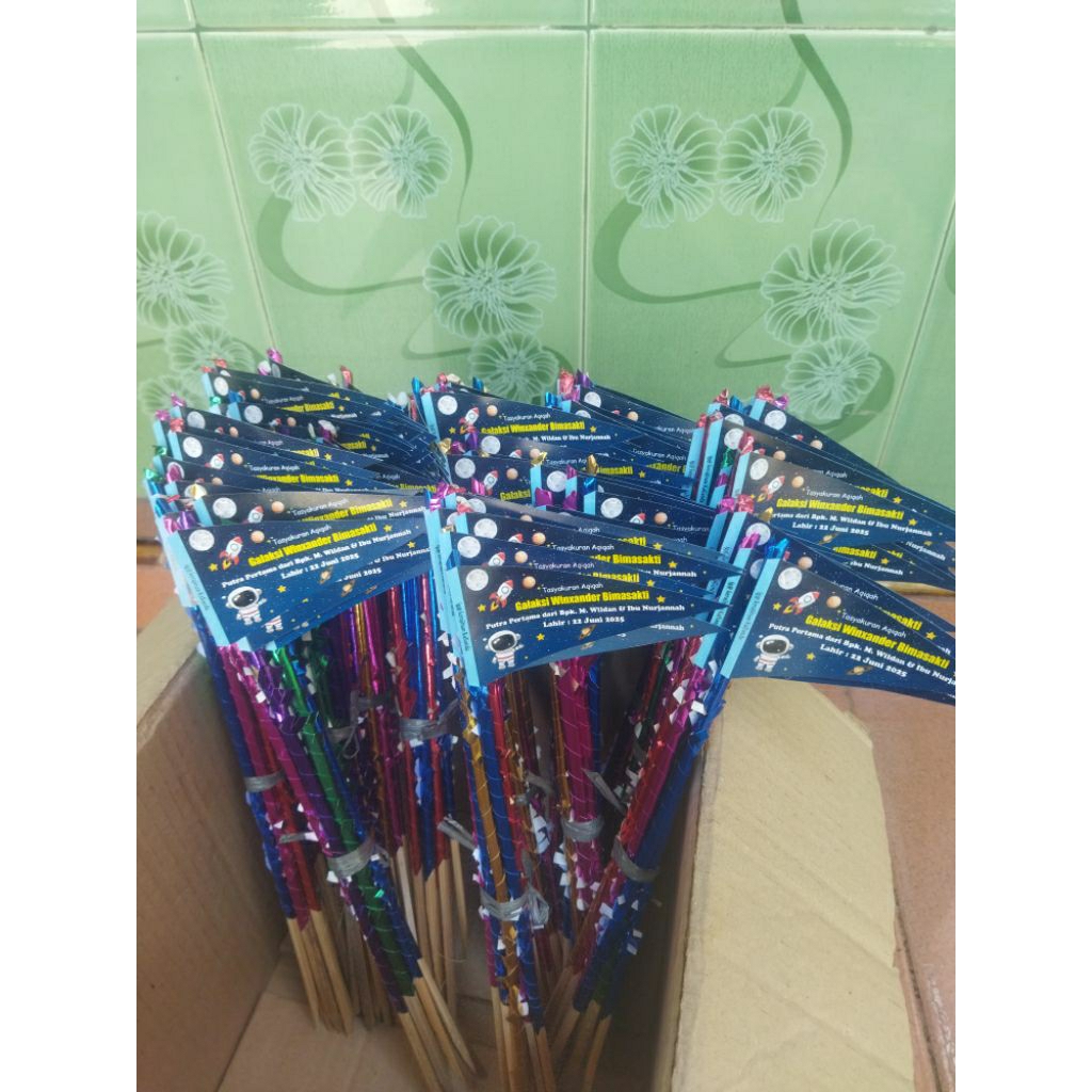 kembang telur aqiqah, maulid nabi, bendera kartu tasyakuran