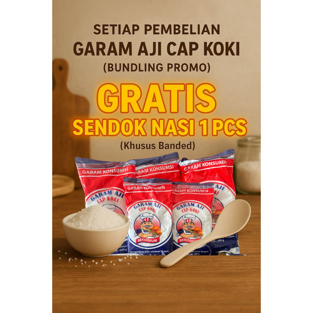 

GARAM BUNDLING / FREE HADIAH / GARAM AJI CAP KOKI / BELI GARAM GRATIS CENTONG NASI / PROMO MURAH