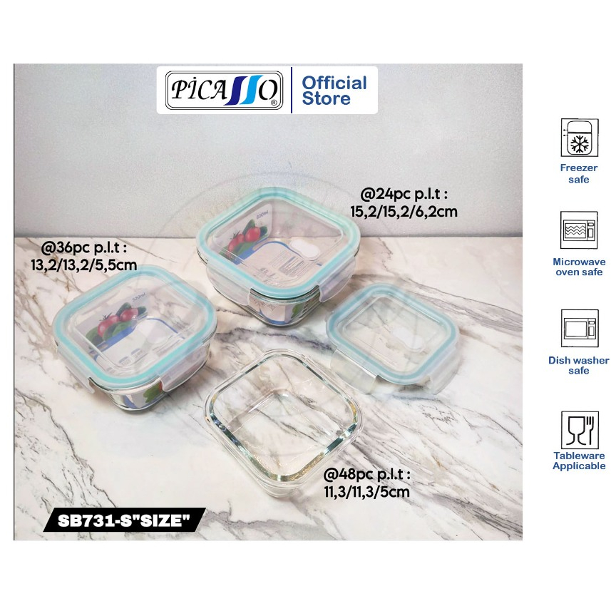 Picasso Lunch Box Kaca Borosilicate Persegi/ Food Container Square