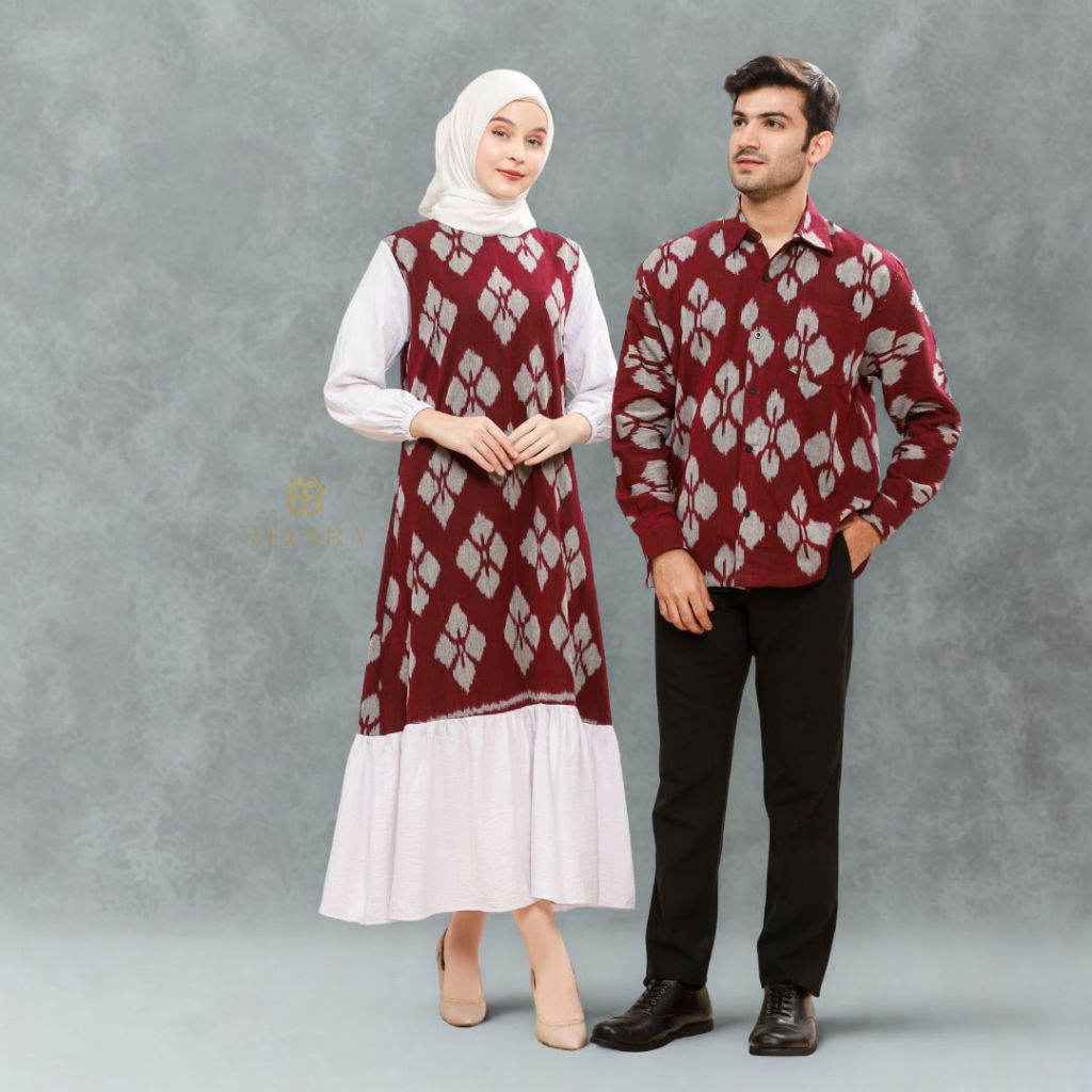 Baju Couple Kondangan Motif Batik Terbaru Gamis Kemeja Pria ALVARA Gyandra Maroon Big Size Jumbo