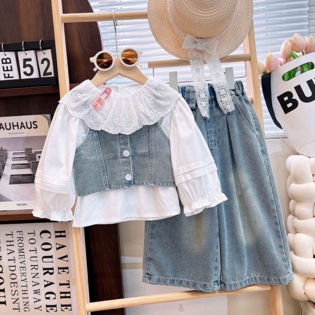 Set Jeans 3in1 Renda Ancore Lala White/Set Jeans Anak Perempuan Korean Style/ Setelan Jeans Anak 5-9