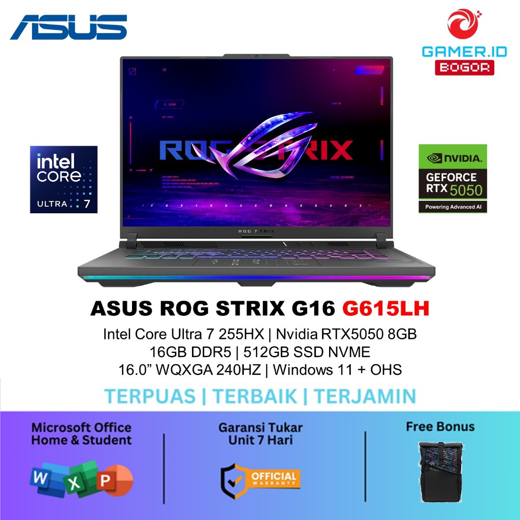 ASUS ROG STRIX G16 G615LH ULTRA 7 255HX RTX5050 8GB/ 16GB 512GB W11+OHS 16.0 ROG NEBULA WQXGA 240HZ