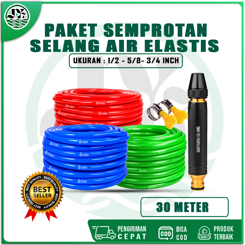 SEPAKET SEMPROTAN HITAM SELANG AIR 1/2 5/8 3/4 INCH 30 METER SELANG ELASTIS DOP SELANG JET MURAH COD