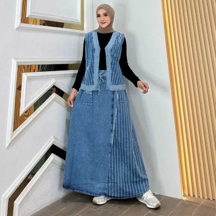 Felixa One Set Jeans Rompi Salur Fashion Muslim Wanita Kekinian