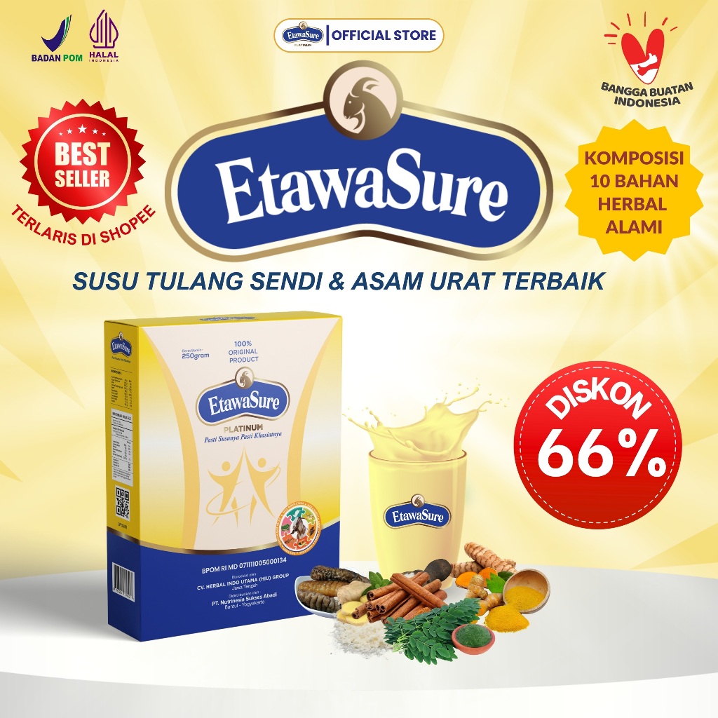 

Etawasure Platinum I Susu Kambing Etawa Herbal Rasa Jahe Untuk Asam Urat dan Nyeri Sendi Isi 250gr