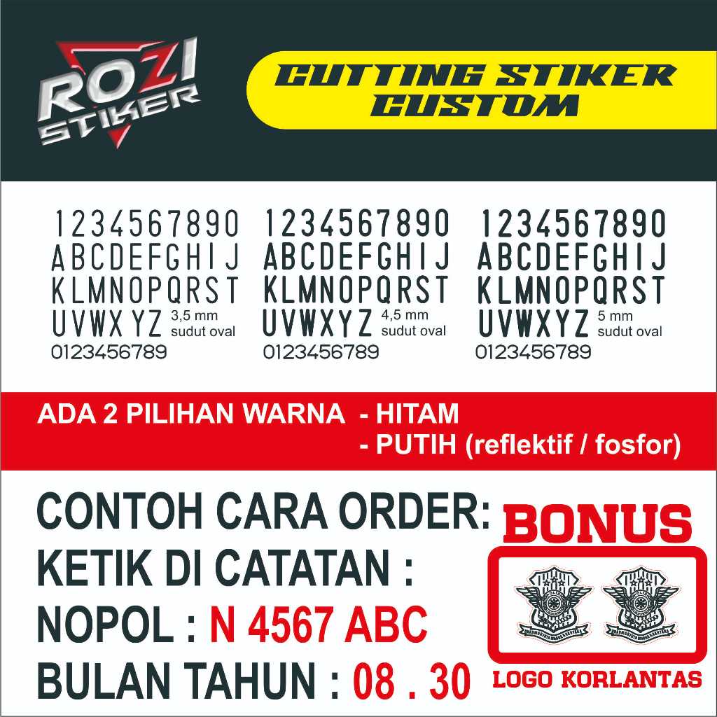 STIKER (reflektif) PLAT NOMOR MOTOR STANDART SAMSAT FONT LAMA