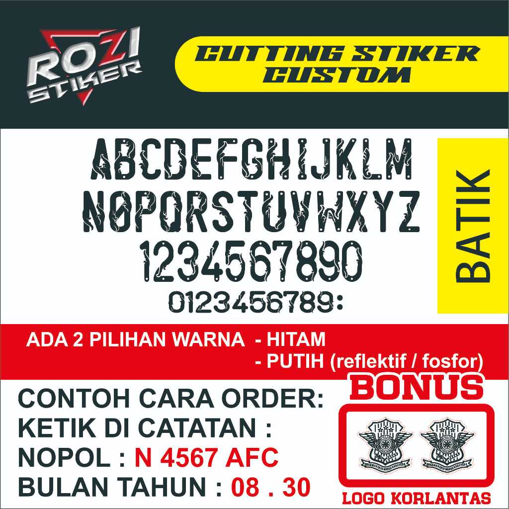 STIKER (reflektif) PLAT NOMOR MOTOR STANDART SAMSAT VARIASI FONT LAMA