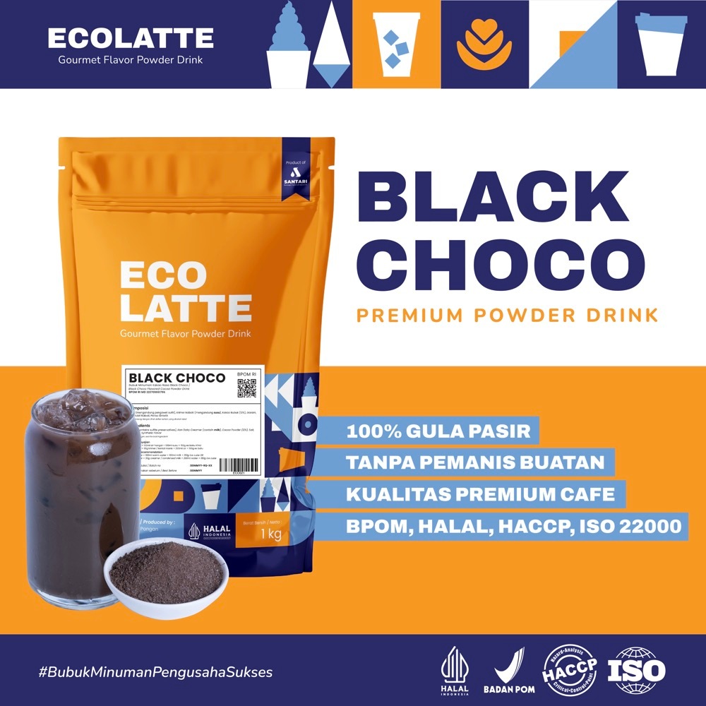 

ECOLATTE BLACK CHOCO BUBUK MINUMAN 1 KG PREMIUM Powder Drink Supplier Serbuk Minuman Enak Jakarta HALAL BPOM