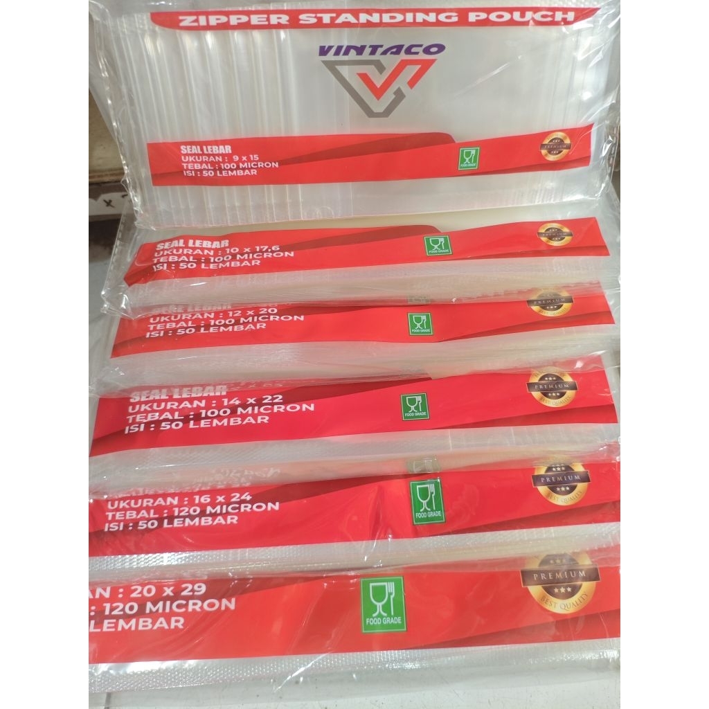 

Plastik Standing Pouch Premium VINTACO / Pembungkus Kripik/Makaroni/Kerupuk/makanan berkuah Lainnya.