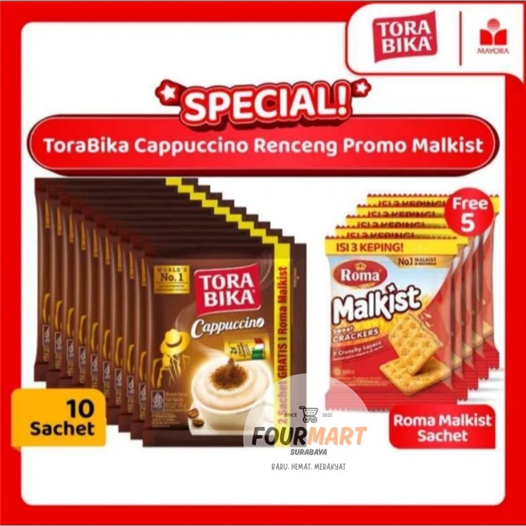 

RENCENG Kopi Torabika Cappucino - Promo isi 10 Sachet Torabika Cappucino + Gratis 5 Sachet Roma Malkist Crackers