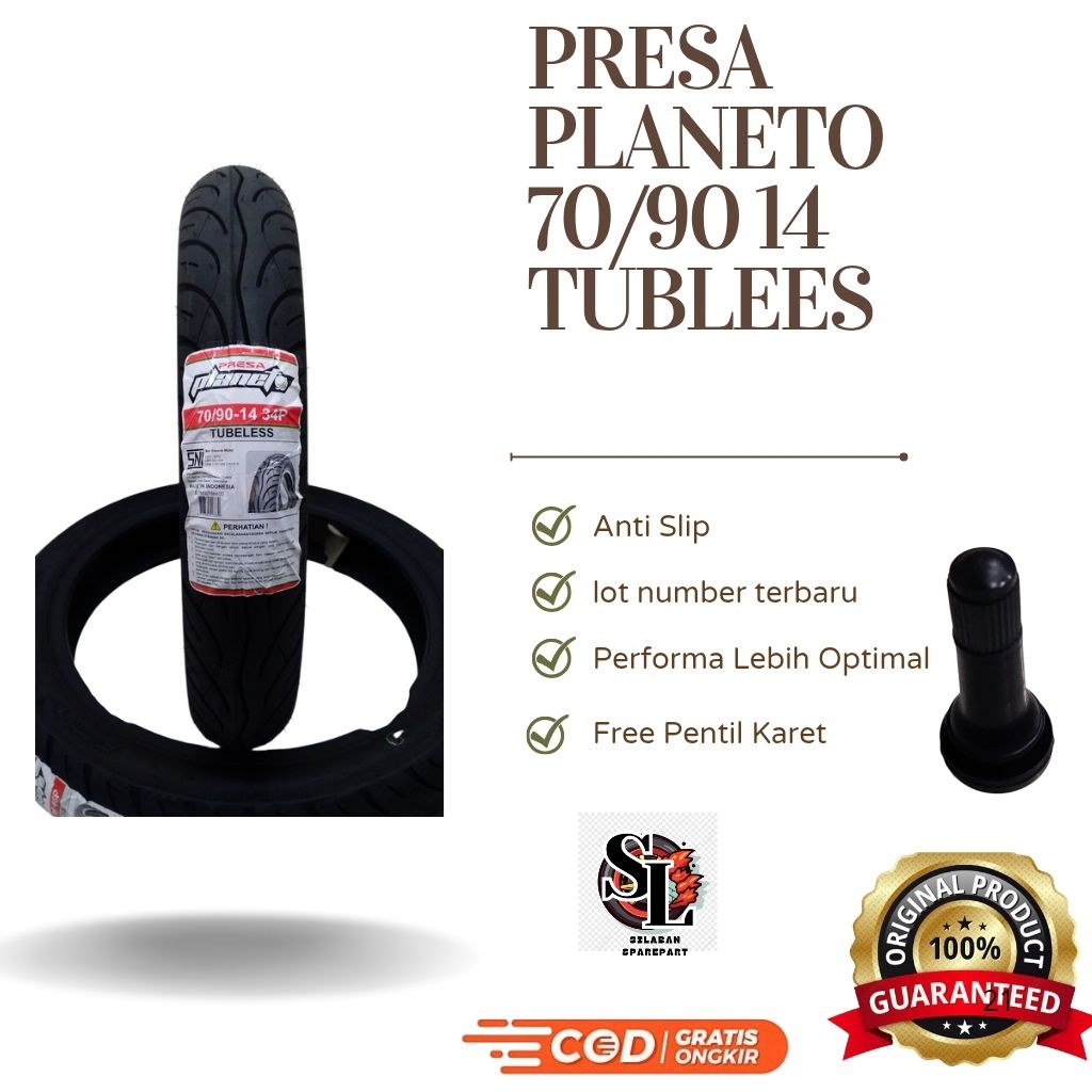 BAN MOTOR PRESA PLANETO 70/90-14 TUBLESS FREE PENTIL KARET