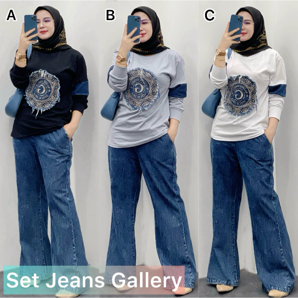 setelan wanita jumbo G jeans Mix Combat 20s Jumbo Oversize Premium Setcel Kekinian Setelan Wanita