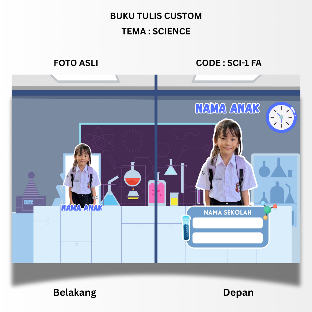 

BUKU TULIS CUSTOM - TEMA SCIENCE - STANDART UKURAN SIDU 160X210 - BISA PAKAI FOTO ANAK ASLI ATAU UBAH KE KARTUN