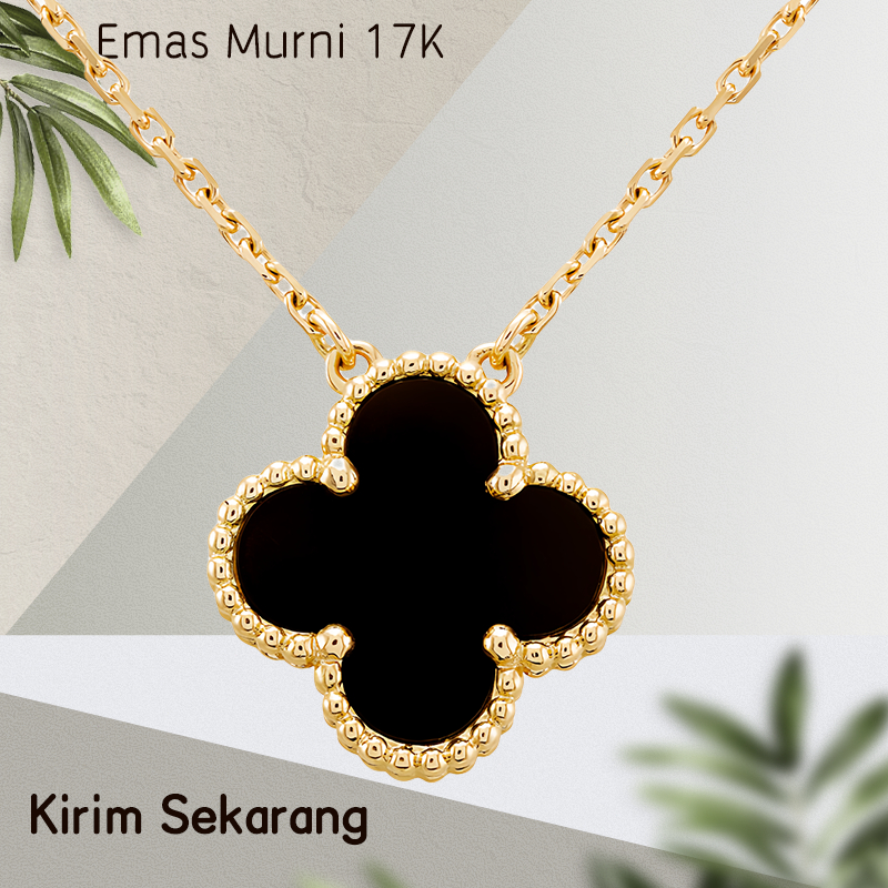 Kalung Wanita,Kalung onyx hitam semanggi empat daun emas 17K,Kalung Couple