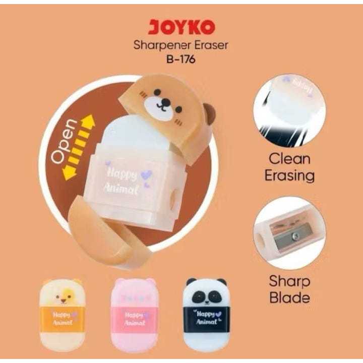 

( 6 BIJI ) Sharpener Eraser 2 in 1 Rautan dan Penghapus Joyko B-176 Happy Animal
