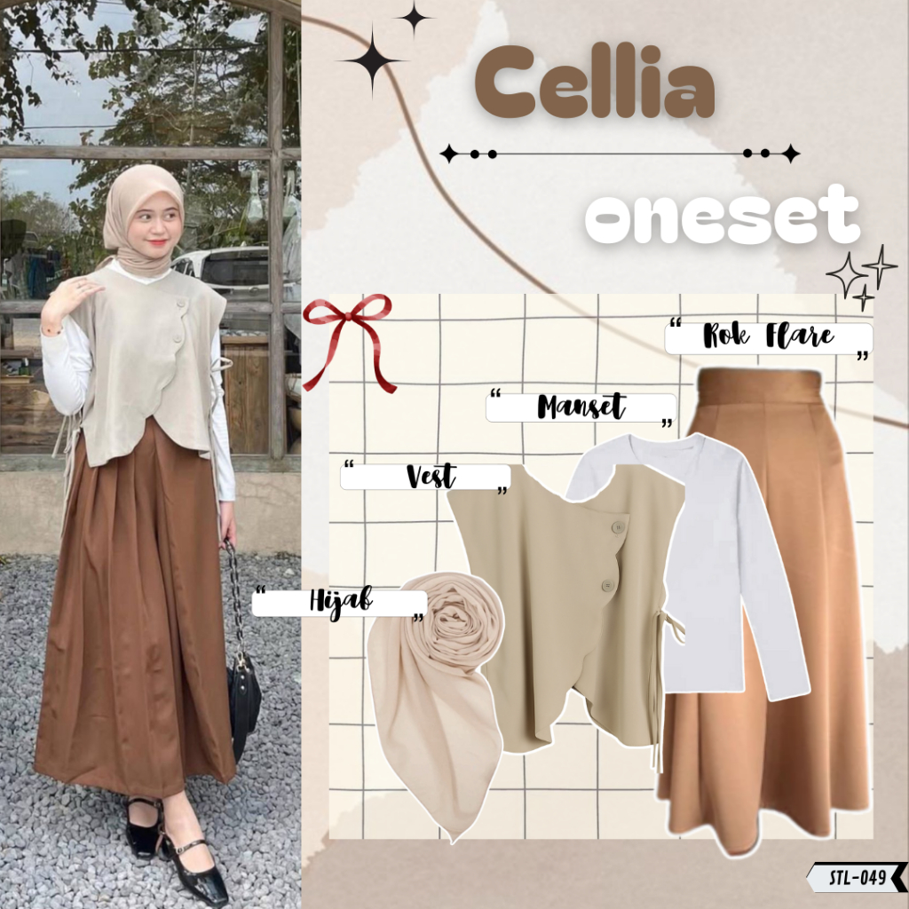 Setelan Outer Wanita Kekinian 4in1 Korean Style Cellia [Rok Flare ,Outer Vest , Manset , Hijab ] Rok