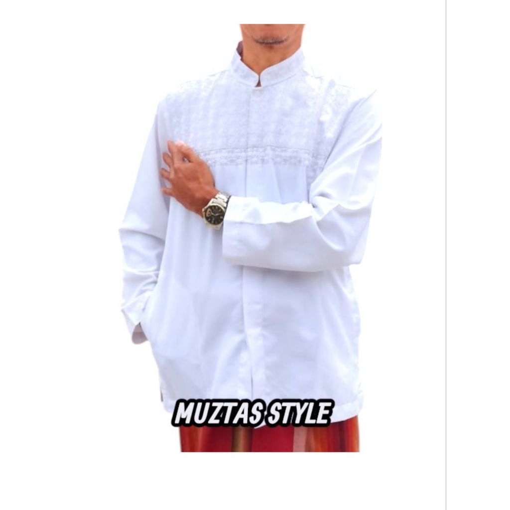 Baju Koko Muslim Hasgradini - India Putih Bordir Senada lengan Loose Atasan Pria