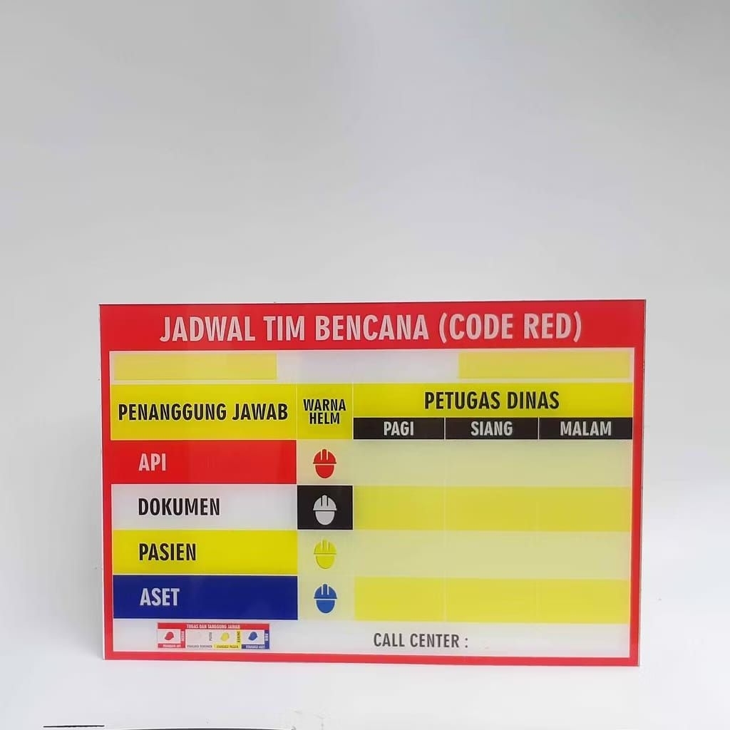 

Papan Code Red 31.5 cm x 46.5 cm, Akrilik Code Red, Akrilik K3, Akrilik Daftar Petugas Code Red